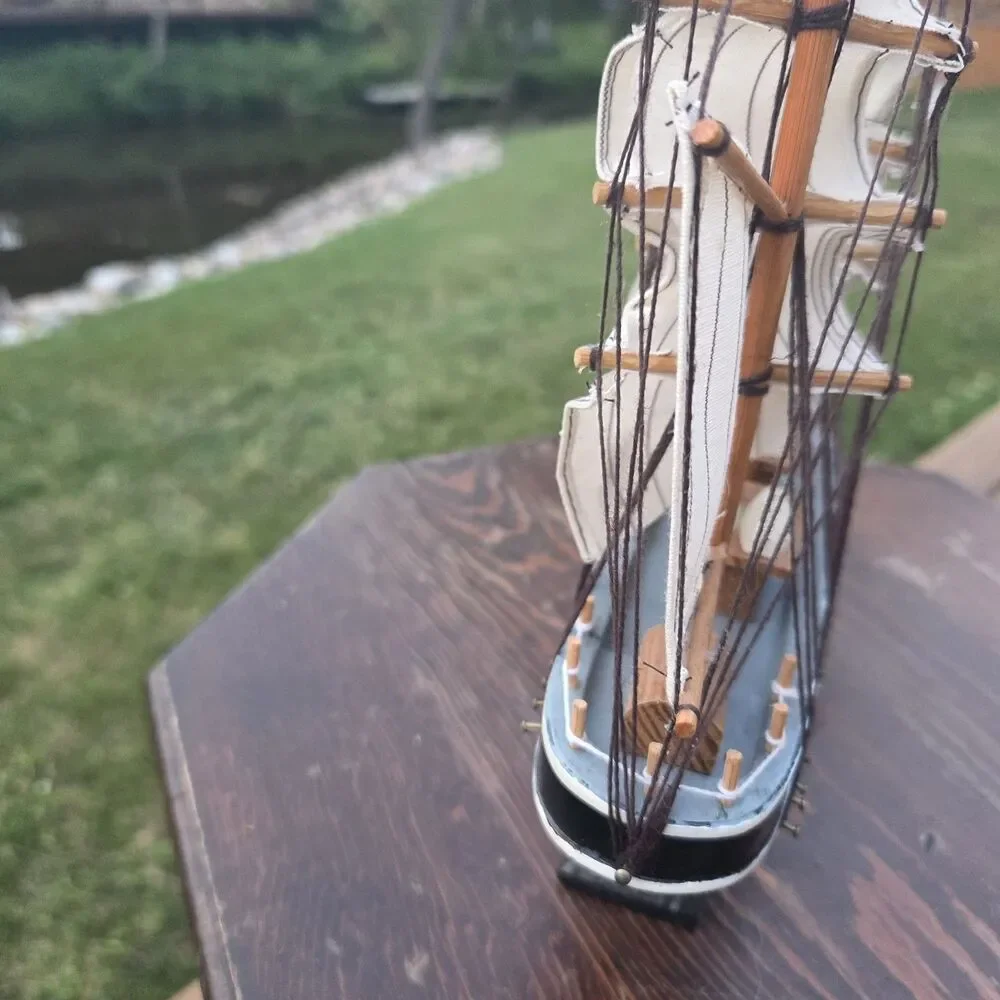 VTG Belem Sailboat Model Wood Cloth Sails Black White Desktop Display